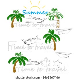 Time to travel.Time for fun.Holiday scene with Sun,palms,anchor,airplane and se star.Vacation.