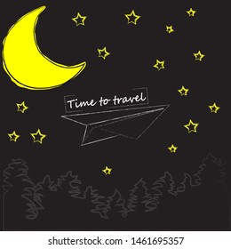 Time to travel.Time for fun.Travelin scene with airplane of paper in the forest.Moon and stars.Vacation.