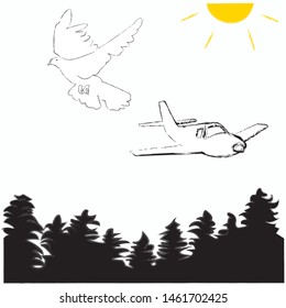 Time to travel.Time for fun.Travelin scene with Sun airplane and flying pigeon in the forest.Vacation.