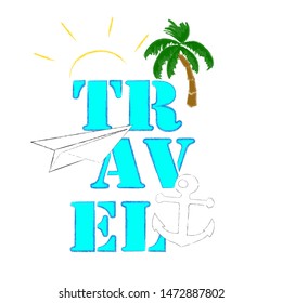 Time to travel.Time for Fun.Travelinf scene with Sun,palm,airplane off paper and anchor.Vacation.