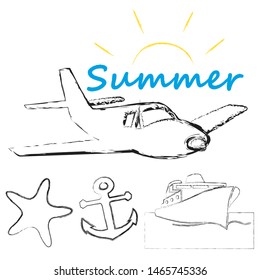 Time to travel.Time for fun.Traveling scene with airplane,sea star,anchor and ship.Holiday.