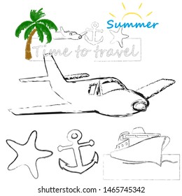 Time to travel.Time for fun.Traveling scene with airplane,sea star,anchor and ship.Holiday.