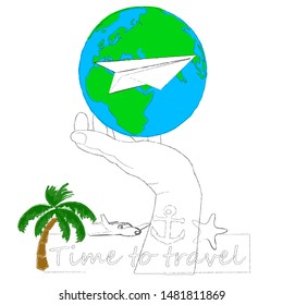 Time to travel.Time for fun.Traveling scene with big hand wit Earth.Vacation.