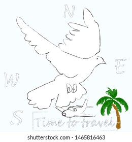 Time to travel.Time for fun.Traveling scene with flying pigeon and blue sky.Vacation.
