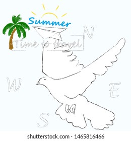 Time to travel.Time for fun.Traveling scene with flying pigeon and blue sky.Vacation.