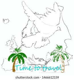 Time to travel.Time for fun.Traveling scene with map and flying pigeon.Vacation.