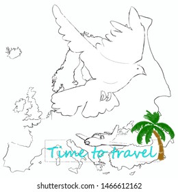 Time to travel.Time for fun.Traveling scene with map and flying pigeon.Vacation.