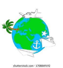 Time to travel.Time for fun.Traveling scene with planet Earth,airplane,palm,ship,anchor and sea star.Traveling.