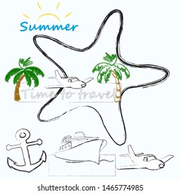 Time to travel.Time for fun.Traveling scene with Sun,ship,sea star,airplane and anchor.Vacation.