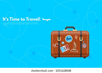 It’s Time to Travel.Travel bag, Suitcase with stickers. Travel to World. Vacation. Road trip. Tourism. Travel banner. Journey. Travelling illustration. Modern flat design. EPS 10. Colorful.