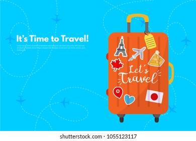 It’s Time to Travel.Travel bag, Suitcase with stickers. Travel to World. Vacation. Road trip. Tourism. Travel banner. Journey. Travelling illustration. Modern flat design. EPS 10. Colorful.