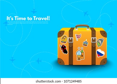 It’s Time to Travel.Travel bag, Suitcase with stickers. Travel to World Cup football. Vacation. Tourism. Travel banner. Journey. Travelling illustration. Modern flat design. EPS 10. Colorful.