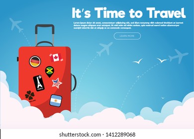 It’s Time to Travel.Travel banner bag with sky.Modern flat design. EPS 10. Colorful.