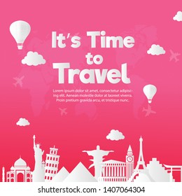 It’s Time to Travel.Travel banner landmark with sky.Modern flat design. EPS 10. Colorful.