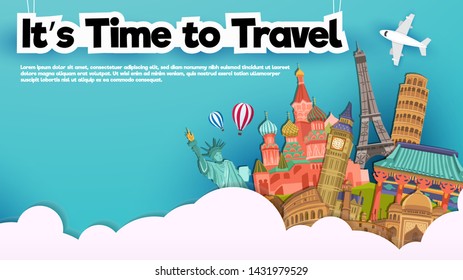 It’s Time to Travel.Travel banner landmark with sky.Paper art and craft style design. EPS 10. Colorful.