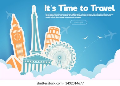It’s Time to Travel.Travel banner landmark with sky.Paper art and craft style design. EPS 10. Colorful.