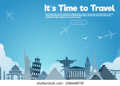It’s Time to Travel.Travel banner with sky.Modern flat design. EPS 10. Colorful.