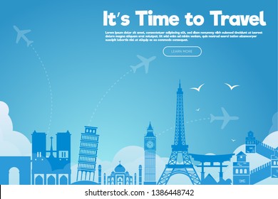 It’s Time to Travel.Travel banner with sky.Modern flat design. EPS 10. Colorful.