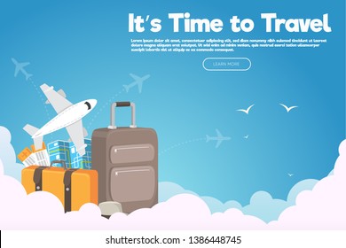 It’s Time to Travel.Travel banner with sky.Modern flat design. EPS 10. Colorful.