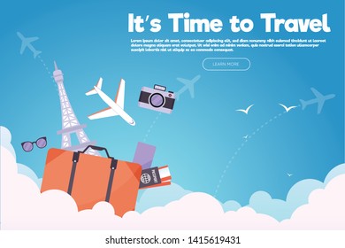 It’s Time to Travel.Travel banner with sky.Modern flat design. EPS 10. Colorful.