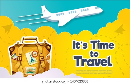 It’s Time to Travel.Travel banner with sky.Modern flat design. EPS 10. Colorful.