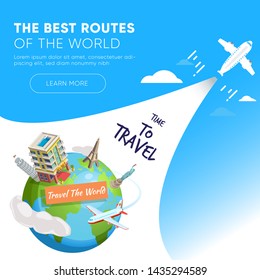 It’s Time to Travel.Travel banner with sky.Modern flat design. EPS 10. Colorful.