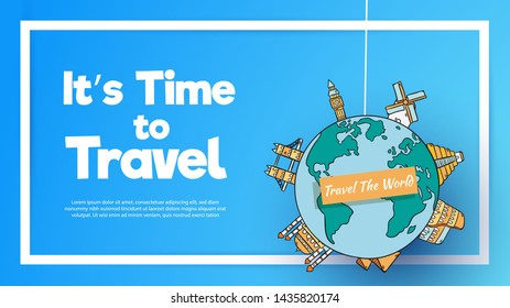 It’s Time to Travel.Travel banner with sky.Modern flat design. EPS 10. Colorful.