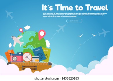 It’s Time to Travel.Travel banner with sky.Modern flat design. EPS 10. Colorful.