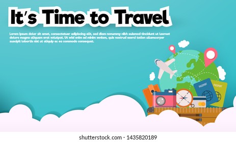 It’s Time to Travel.Travel banner with sky.Modern flat design. EPS 10. Colorful.