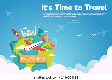 It’s Time to Travel.Travel banner with sky.Modern flat design. EPS 10. Colorful.