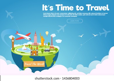 It’s Time to Travel.Travel banner with sky.Modern flat design. EPS 10. Colorful.