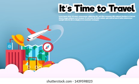 It’s Time to Travel.Travel banner with sky.Modern flat design. EPS 10. Colorful.