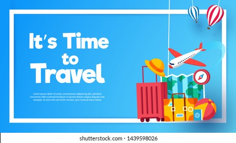 It’s Time to Travel.Travel banner with sky.Modern flat design. EPS 10. Colorful.