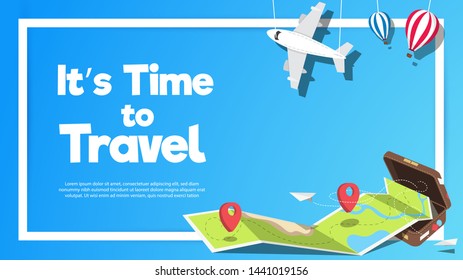 It’s Time to Travel.Travel banner with sky.Modern flat design. EPS 10. Colorful.