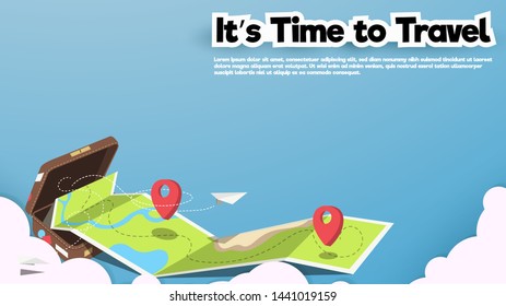 It’s Time to Travel.Travel banner with sky.Modern flat design. EPS 10. Colorful.