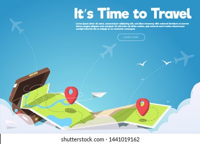 It’s Time to Travel.Travel banner with sky.Modern flat design. EPS 10. Colorful.