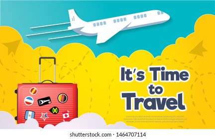 It’s Time to Travel.Travel banner with sky.Modern flat design. EPS 10. Colorful.