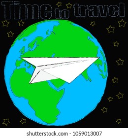 Time for travel.Traveling scene with planet Earth and paper plane.