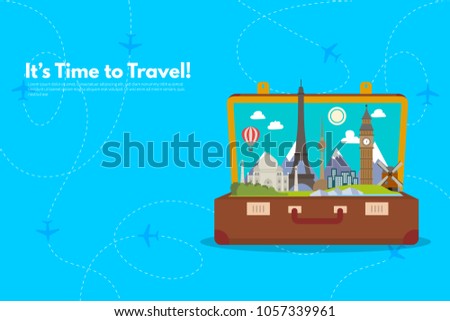 It’s Time to Travel.Trip to World Open suitcase with landmarks. Journey. Travelling illustration. Modern flat design.