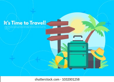 It’s Time to Travel.Trip to World. Travel to World. Vacation. Road trip. Tourism. Travel banner. Journey. Travelling illustration. Modern flat design. EPS 10. Colorful.