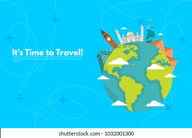 It’s Time to Travel.Trip to World. Travel to World. Vacation. Road trip. Tourism. Travel banner. Journey. Travelling illustration. Modern flat design. EPS 10. Colorful.
