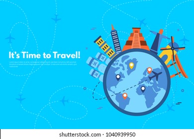 It’s Time to Travel.Trip to World. Travel to World. Vacation. Road trip. Tourism. Travel banner. Journey. Travelling illustration. Modern flat design. EPS 10. Colorful.