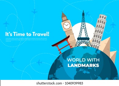 It’s Time to Travel.Trip to World. Travel to World. Vacation. Road trip. Tourism. Travel banner. Journey. Travelling illustration. Modern flat design. EPS 10. Colorful.