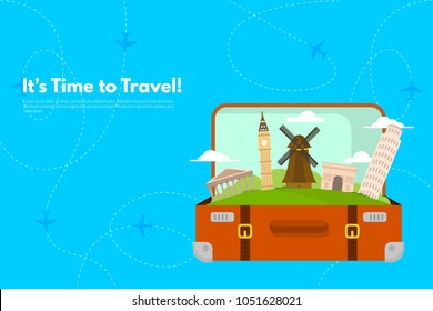 It’s Time to Travel.Trip to World. Travel to World. Vacation. Road trip. Tourism. Travel banner. Open suitcase with landmarks. Journey. Travelling illustration. Modern flat design. EPS 10. Colorful.