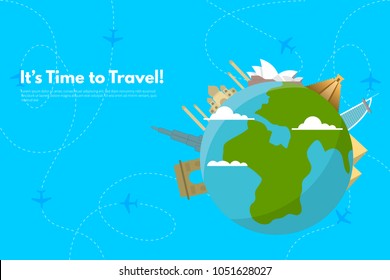 It’s Time to Travel.Trip to World. Travel to World. Vacation. Road trip. Tourism. Travel banner. Journey. Travelling illustration. Modern flat design. EPS 10. Colorful.