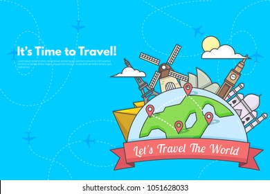 It’s Time to Travel.Trip to World. Travel to World. Vacation. Road trip. Tourism. Travel banner. Journey. Travelling illustration. Modern flat design. EPS 10. Colorful.