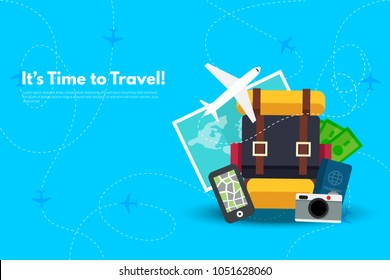 It’s Time to Travel.Trip to World. Travel to World. Vacation. Road trip. Tourism. Travel banner. Journey. Travelling illustration. Modern flat design. EPS 10. Colorful.