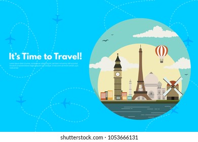 It’s Time to Travel.Trip to World. Travel to World. Vacation. Road trip. Tourism. Travel banner. Journey. Travelling illustration. Modern flat design. EPS 10. Colorful.