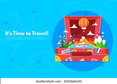 It’s Time to Travel.Trip to World. Travel to World. Vacation. Road trip. Tourism. Travel banner. Open suitcase with landmarks. Journey. Travelling illustration. Modern flat design. EPS 10. Colorful.