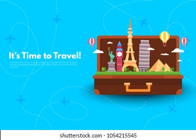 It’s Time to Travel.Trip to World. Travel to World. Vacation. Road trip. Tourism. Travel banner. Open suitcase with landmarks. Journey. Travelling illustration. Modern flat design. EPS 10. Colorful.